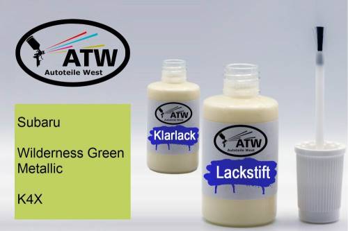 Subaru, Wilderness Green Metallic, K4X: 20ml Lackstift + 20ml Klarlack - Set, von ATW Autoteile West.